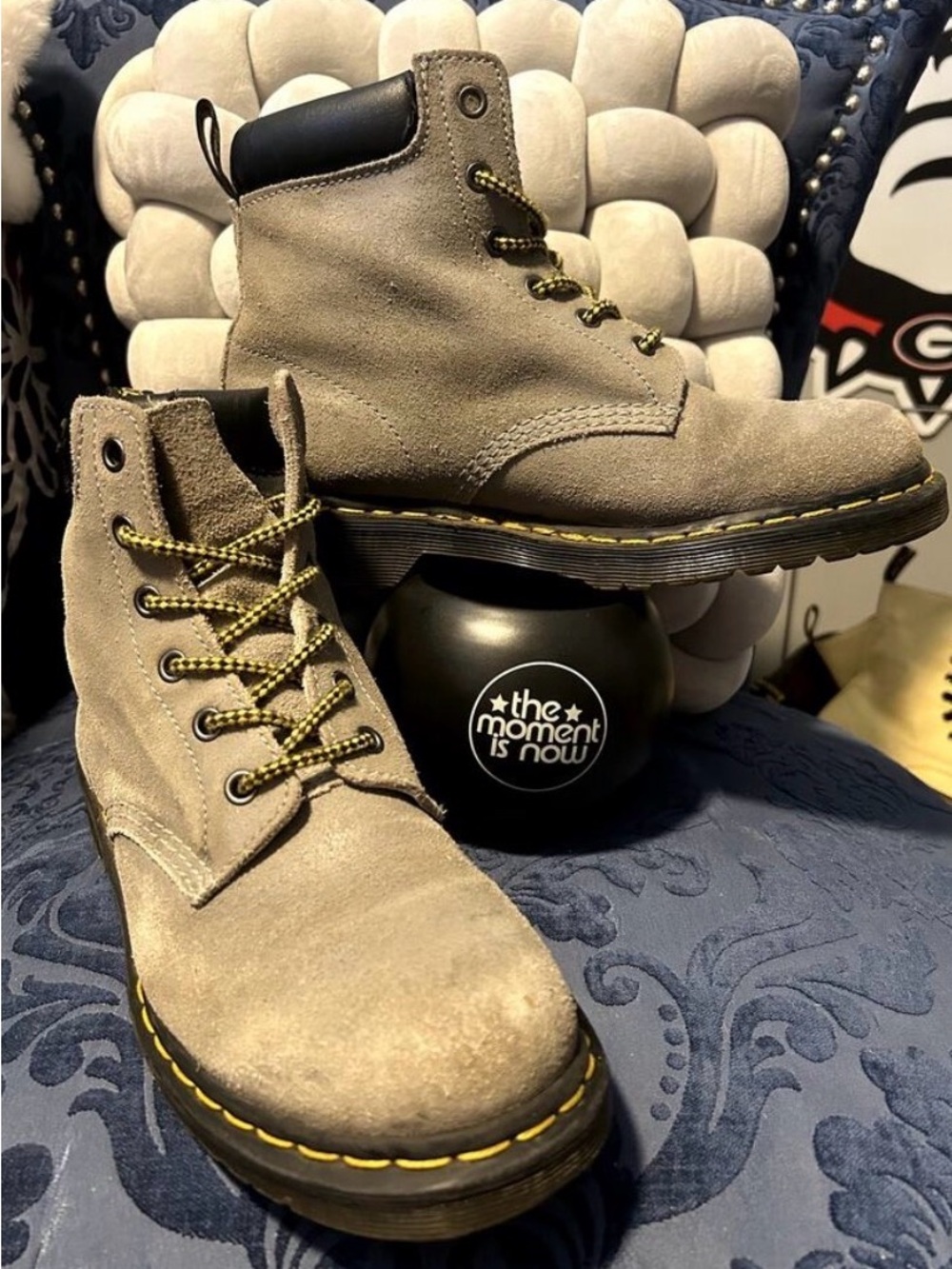 Dr. Martens Taupe Suede Combat Boots with Yellow Stitching